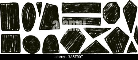 Kids charcoal geometric shapes set. Text boxes crayon textured frames. Rounded and square figures. Vector hand drawn quotation stickers shapes. Black Stock Vector