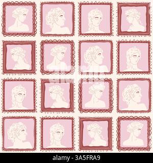Greek statues portrait seamless pattern. Antique Roman face sculpture on retro frame endless aop background. Rococo surface pattern design vintage anc Stock Vector