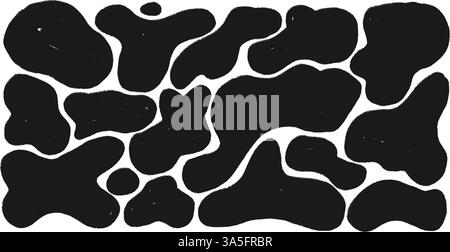 Liquid organic grunge textured shapes set. Irregular figures. Random abstract fluid. Uneven chalk shape splashes. Wavy blob stains. Curvy flat drops. Stock Vector