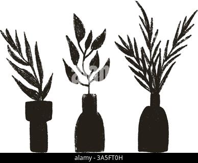 Vase with fern plant silhouette charcoal set. Flowerpot with leaves crayon pack. Vector hand drawn collection illustration isolated on white backgroun Stock Vector