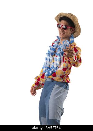 Young man in stylish colorful 60's, hippie outfit on white background Stock Photo