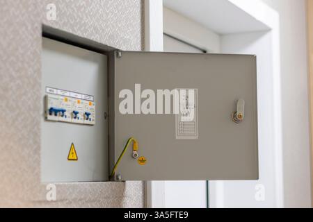 Open electrical switchboard in the apartment Stock Photo