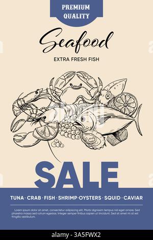 vintage seafood banner with hand-drawn crab, shrimp, tuna and lemon slices Stock Vector