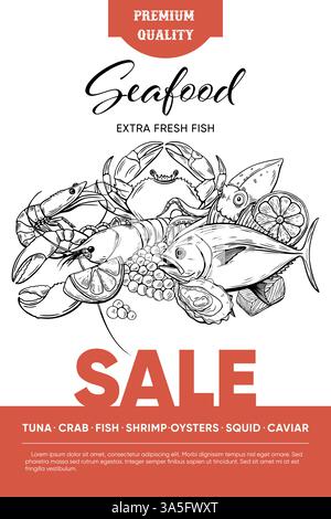 seafood sale poster with hand drawn sketch elements Stock Vector
