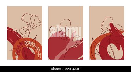 Minimalist Abstract Cards Featuring Earthy Tones and Botanical Designs.  Stock Vector