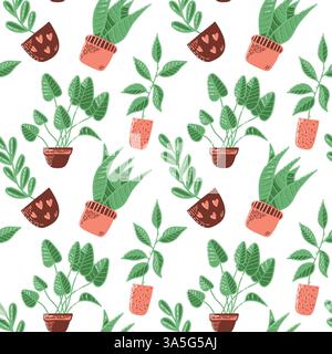 Seamless Pattern of Potted Houseplants in Decorative Green and Brown Tones Stock Vector