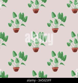 Seamless Pattern of Potted Green Plants on a Soft Pastel Background Stock Vector
