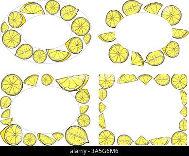 Lemon slice oval and rectangle frame set vector drawing. Hand drawn summer illustration. graphic line ink yellow illustration for packaging, tea, juic Stock Vector
