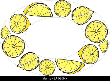 Vector illustration of lemon slices oval frame. Graphic line yellow ink template on transparent background. art for food design, recipe, cook book, pa Stock Vector