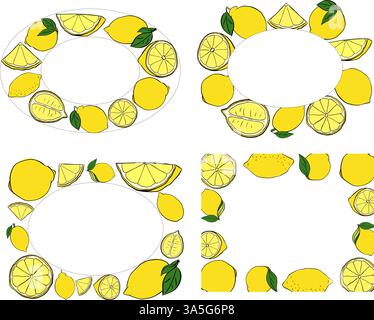 Oval Frame set with lemon whole and slices green leaves. Graphic line ink yellow style, floral frames, invitation, party, wedding road signs. Vector i Stock Vector