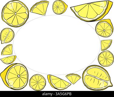 Yellow lemon slices rectangle frame. Vector graphic line ink text frame templates. Design for menu, package, cosmetic, textile. Stock Vector