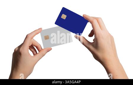 Credit card comparison, woman holding two blank cards with chip. Closeup of arm, wrist with debit and credit cards. Finance, payment, transaction, dig Stock Photo