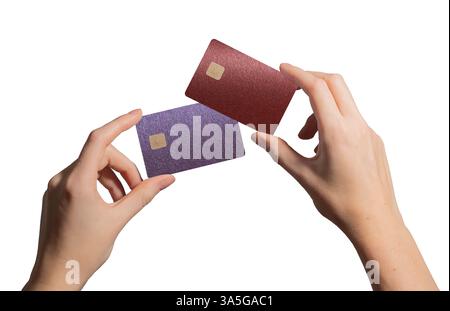 Woman holding two credit cards in hand, showcasing choice between banking options. Abstract design with red and violet grainy texture in background. D Stock Photo