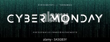 Cyber Monday glowing text with futuristic digital font on binary code background. Neon tech sale concept for e-commerce, shopping, advertising banner Stock Vector