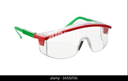 New plastic safety work glasses isolated on white. Stock Photo
