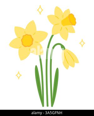 Daffodil flowers, cute simple springtime drawing. Cartoon vector illustration. Stock Vector