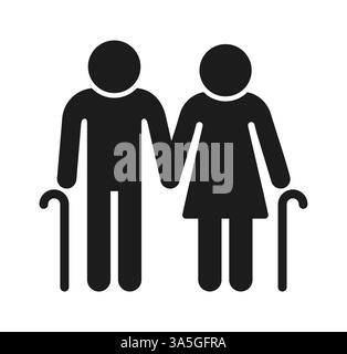 Elderly man and woman icon, simple silhouette of old couple with walking canes holding hands. Vector clip art illustration. Stock Vector