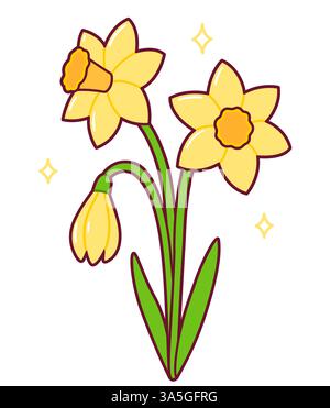 Daffodil flowers bouquet, cute simple springtime drawing. Cartoon vector illustration. Stock Vector