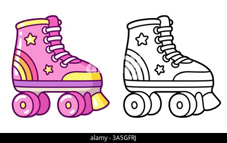Cute retro style roller skate drawing. Color image and black and white line art. Hand drawn cartoon vector illustration. Stock Vector