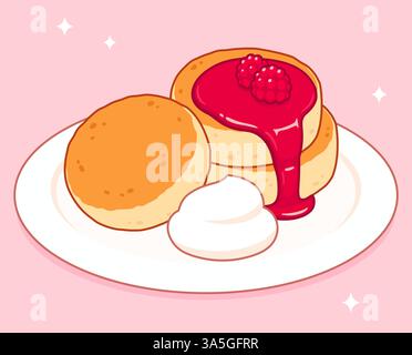 Syrniki, Eastern European cottage cheese pancakes with sour cream and raspberry jam. Traditional breakfast food vector illustration. Stock Vector