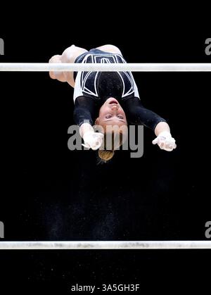 Emily Roper on the uneven bars on day four of the 2025 Artistic ...