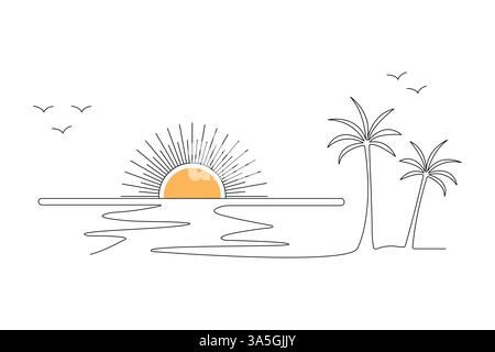 Sunset continuous single line drawing of nature sunset vector art illustration Stock Vector