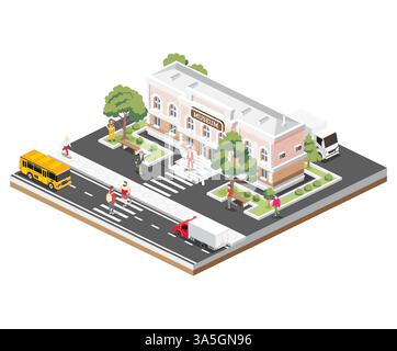 Isometric view of a museum building. Vector illustration of a beautiful classical building with columns, surrounded by trees, cars, and people. Stock Vector