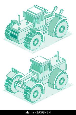 Isometric modern agricultural tractor, front and rear views. Vector outline illustration isolated on a white background. Stock Vector