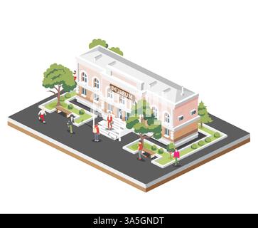 Isometric view of museum building. Vector illustration. Beautiful classical building with columns. Trees and people around. Stock Vector