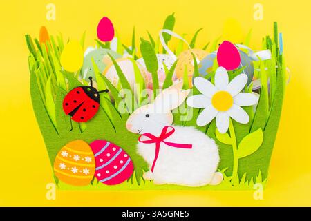 Easter eggs held in a decorative felt basket Stock Photo