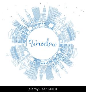 Outline Wroclaw Poland City Skyline with Blue Buildings and copy space. Vector Illustration. Wroclaw Cityscape with Landmarks. Stock Vector