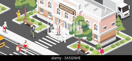 Isometric view of a museum building. Vector illustration of a beautiful classical building with columns, surrounded by trees, cars, and people. Stock Vector