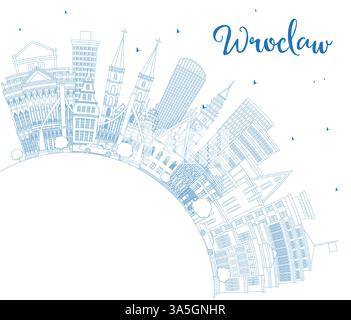 Outline Wroclaw Poland City Skyline with Blue Buildings and copy space. Vector Illustration. Wroclaw Cityscape with Landmarks. Stock Vector