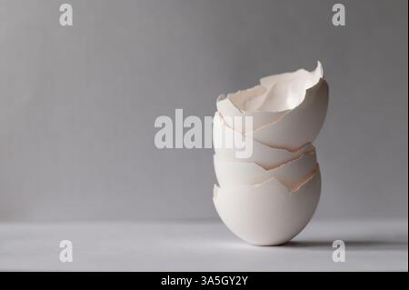 Stack of white eggshells on gray background Stock Photo