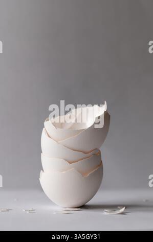 Stack of white eggshells with broken pieces in foreground on gray background with copy space above, vertical Stock Photo