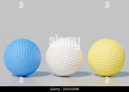 Three colorful golf balls arranged in a row. 3d rendering Stock Photo