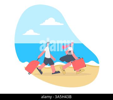 Happy Couple Traveling with Luggage on Tropical Beach - Vector Illustration Stock Vector
