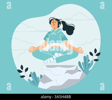 Minimalist Yoga Meditation Illustration - Woman Floating in Zen Pose with Nature Elements Stock Vector