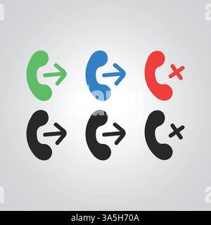 Set of call receiver action icons and signs, in red, blue, and green colors, with a silver background Stock Vector