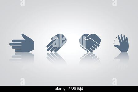 Hand gesture icons. hands, hand shaking, sizes, with grey color, with a silver background Stock Vector