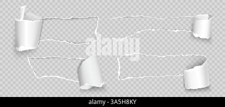 Torn paper with rolled edge. Realistic ripped and folded strips, pieces of notepad with space for text. Paper scraps with curled element. Page with rip and torn holes. Vector set. Stock Vector