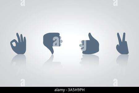 Hand gesture icons. great, victory, thumbs up and thumbs down with grey color, with a silver background Stock Vector