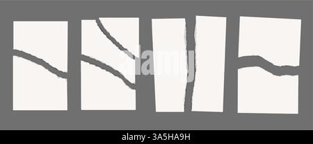 Torn paper sheets. Blank white A4 sheets in half and into pieces with ragged edges. Old paper ripped scraps. Vector isolated templates for scrapbook collages. Stock Vector