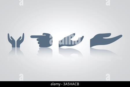 Hand gesture icons. pointer, begging, thumbs up, and thumbs down with grey color, with a silver background Stock Vector