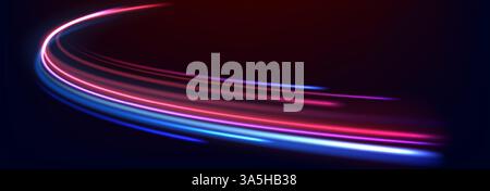 Speed line background. Glowing color speed lines, curves car trail with motion blurred light effect. Neon colored race on night road, speedway. Blue and red wavy paths. Vector concept. Stock Vector