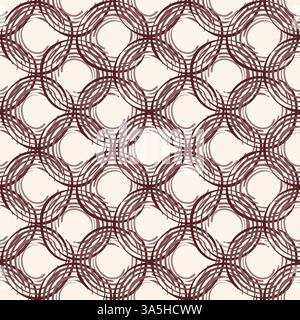 Seamless vector pattern with a painterly rattan weave lattice effect. Burgundy red white overlapping lines create a modern, geometric grid design Stock Vector