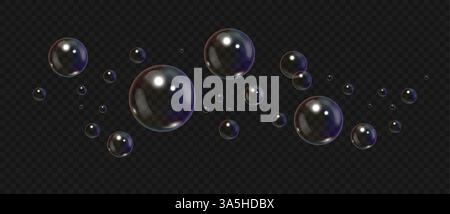 Realistic soap bubbles. 3D transparent flying air foam spheric bubbles with reflection isolated set. Vector detergent concept. Stock Vector