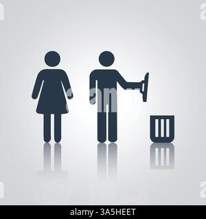 Waste basket icon, man and woman responsibility signs, with a silver background Stock Vector