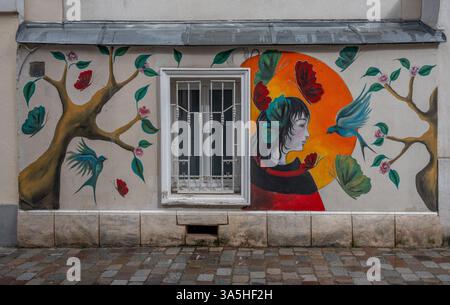 Paris, France - 03 22 2025: A woman's face in profile, birds, butterflies and two flowering trees graffiti painted on a wall with a window with a grid Stock Photo