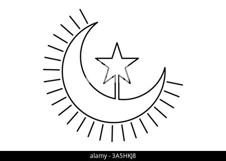 Continuous single line sketch drawing of Islamic Arabic crescent moon, star, Ramadan, Kareem, Eid Mubarak, vector illustration Stock Vector